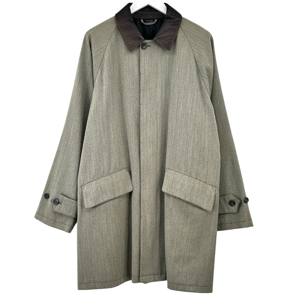 Designer Vintage David Chu Nautica Gray Wool Coat with Brown Leather Collar sz M
